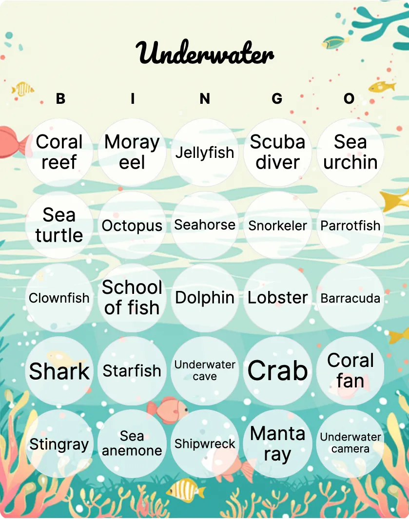 Underwater bingo card template Underwater bingo card template