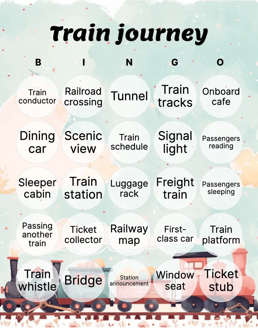 Train journey bingo card template