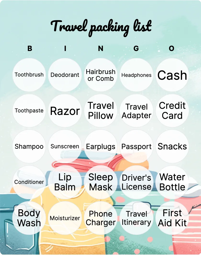 Travel packing list bingo card template