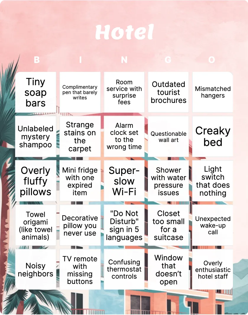 Hotel bingo card template