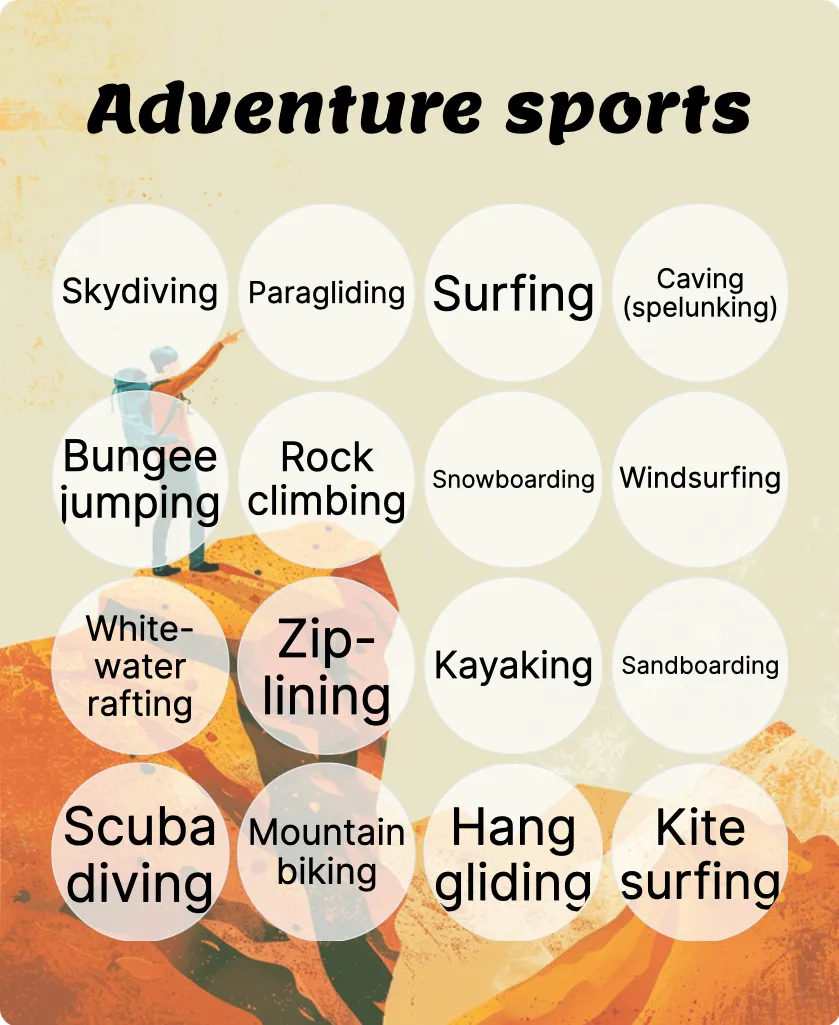 Adventure sports bingo card template