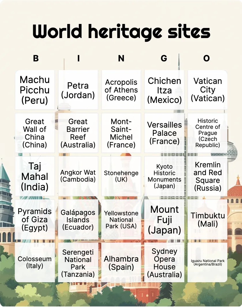 World heritage sites bingo