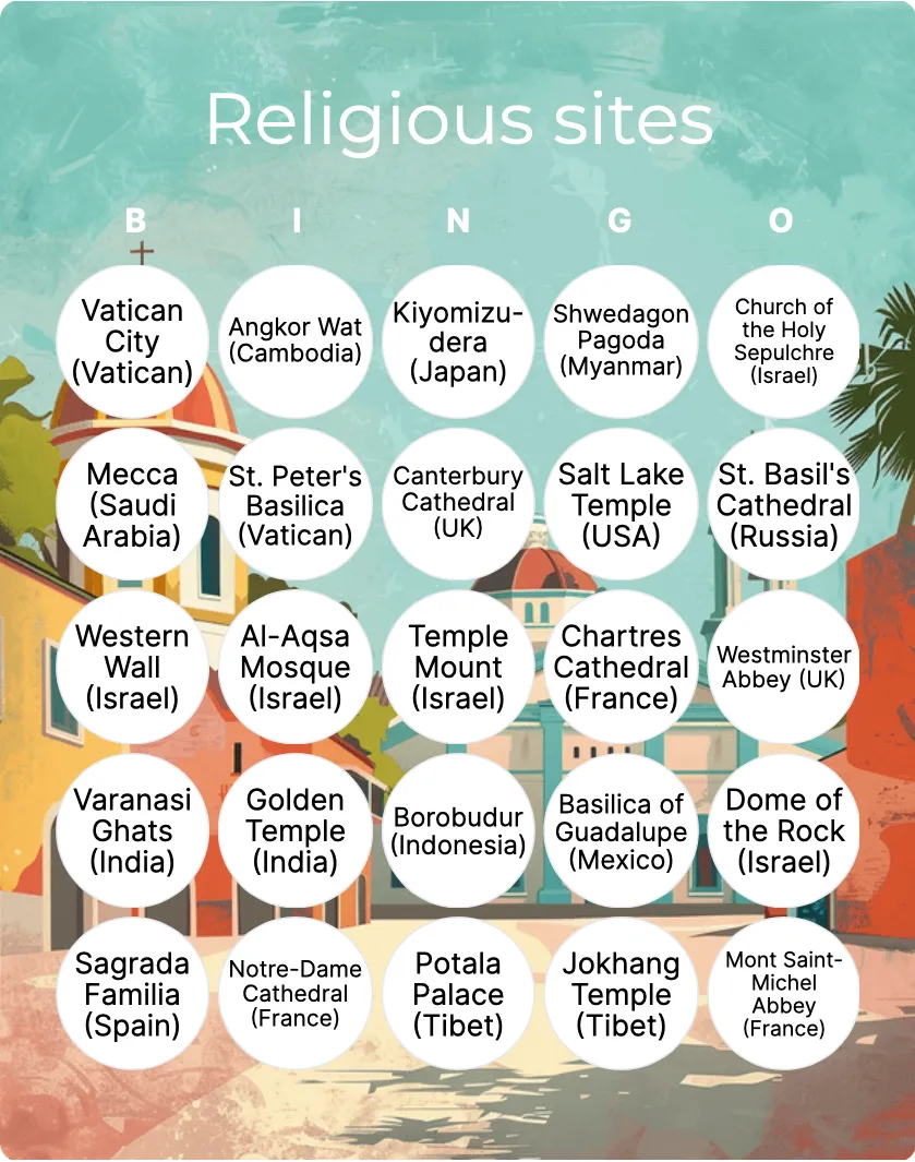 Religious sites bingo card template