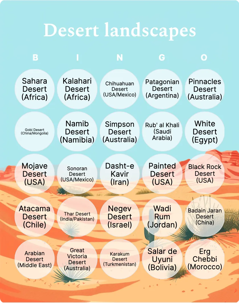 Desert landscapes bingo card template