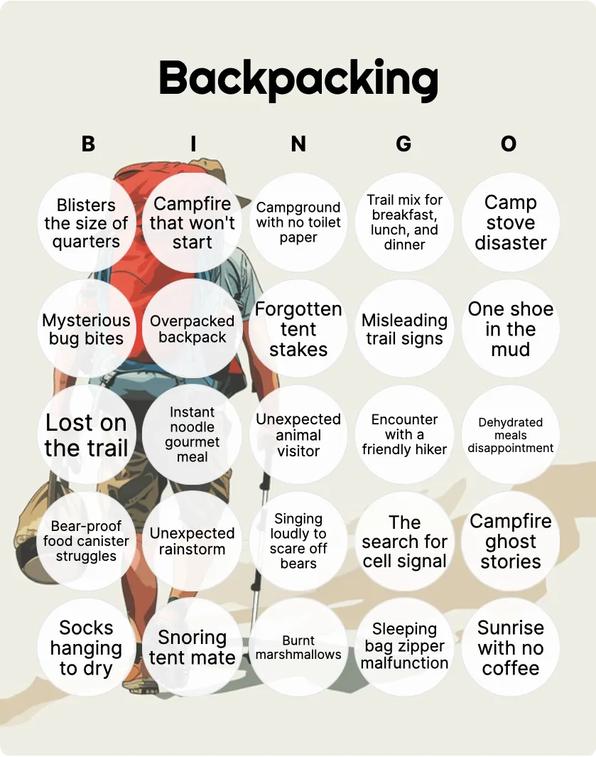 Backpacking bingo card template