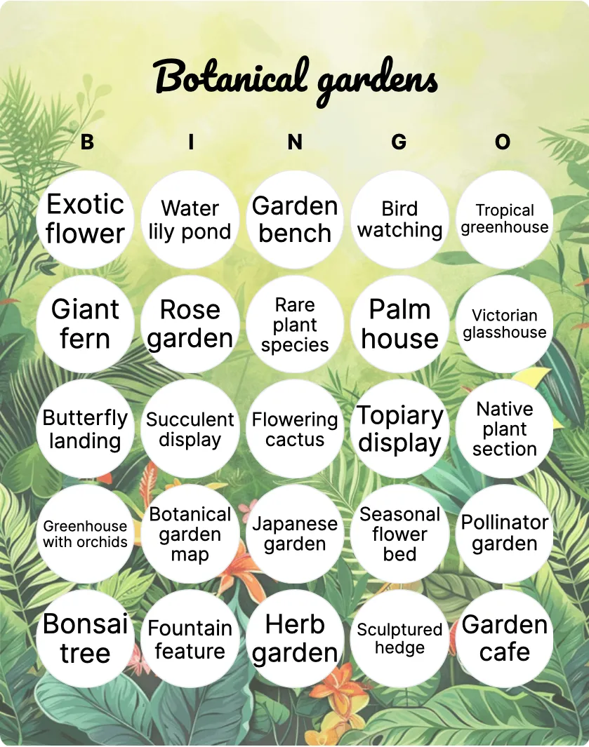Botanical gardens bingo card template