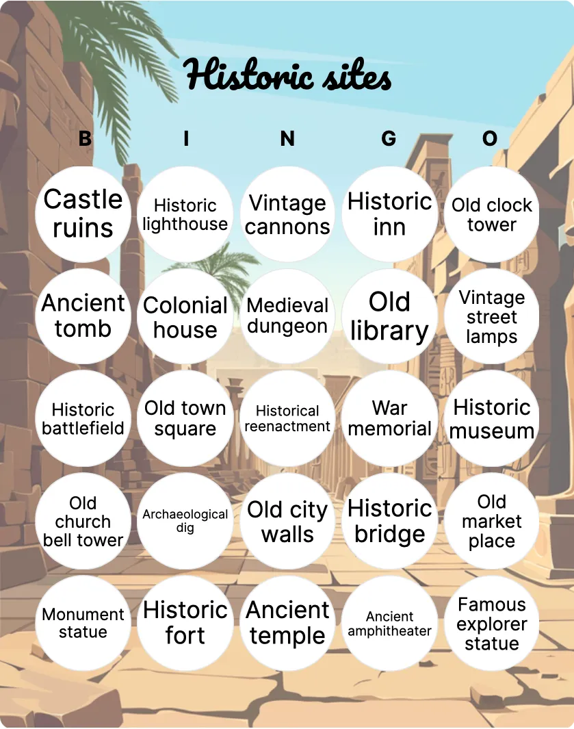 Historic sites bingo card template
