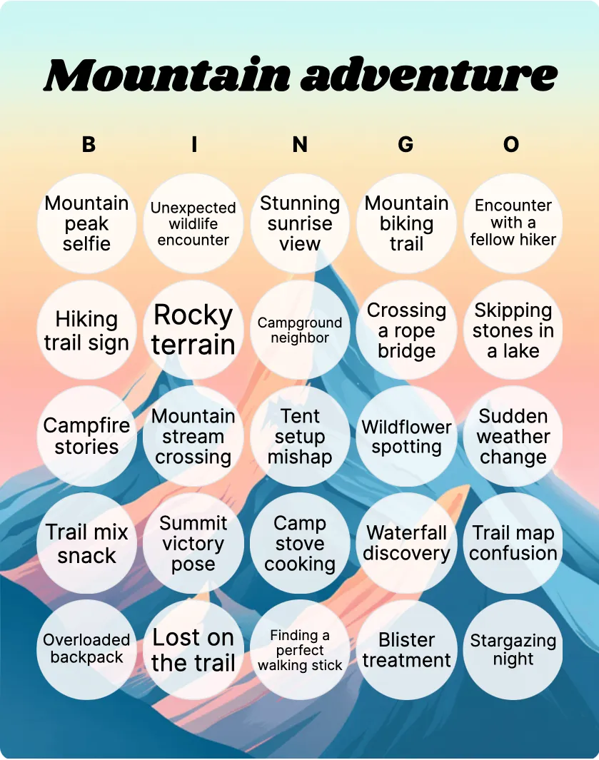 Mountain adventure bingo card template