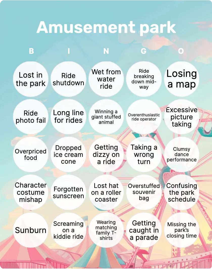 Amusement park bingo card template