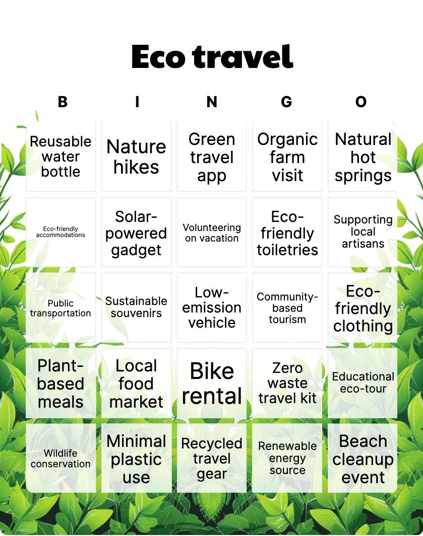 Eco travel bingo card template