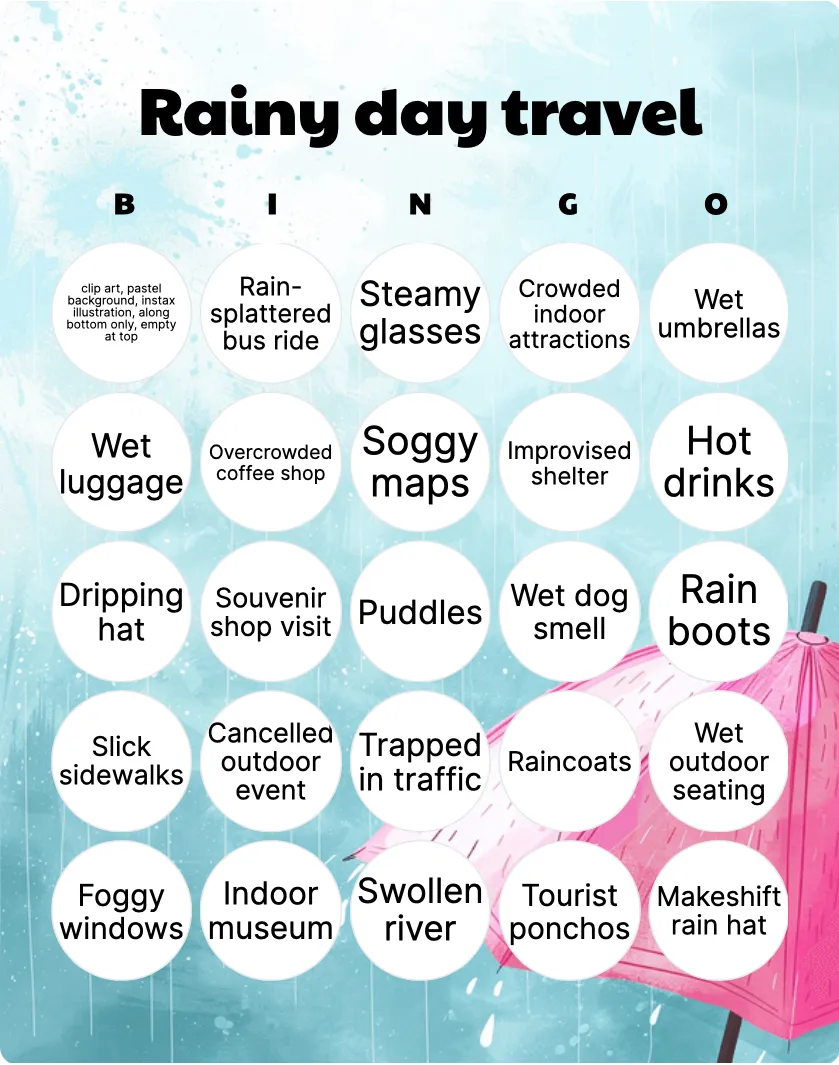 Rainy day travel bingo card template