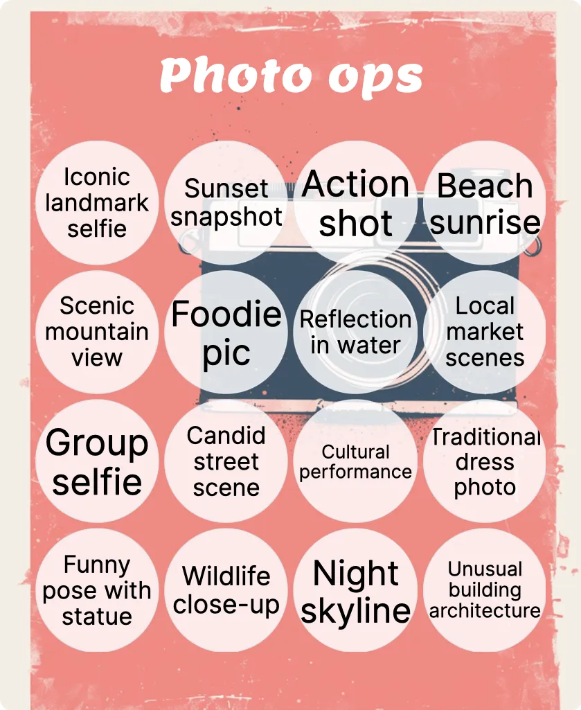 Photo ops bingo card template