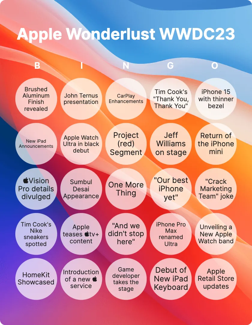 Apple Wonderlust WWDC23 bingo card template