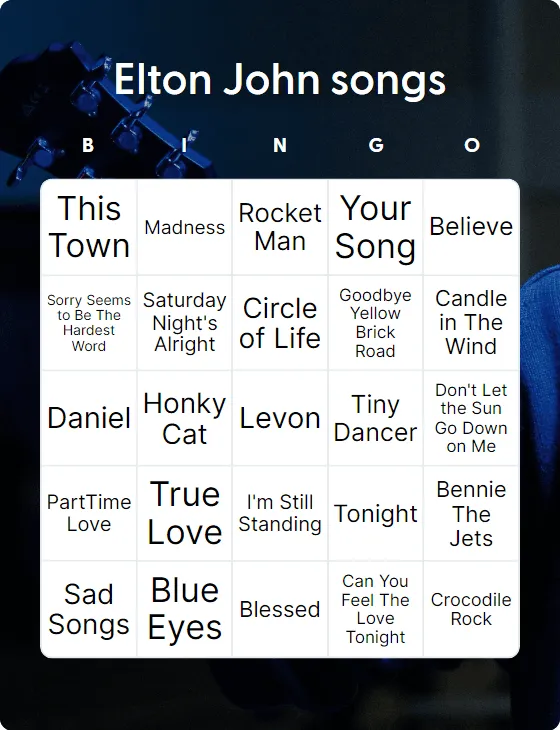 Elton John songs bingo