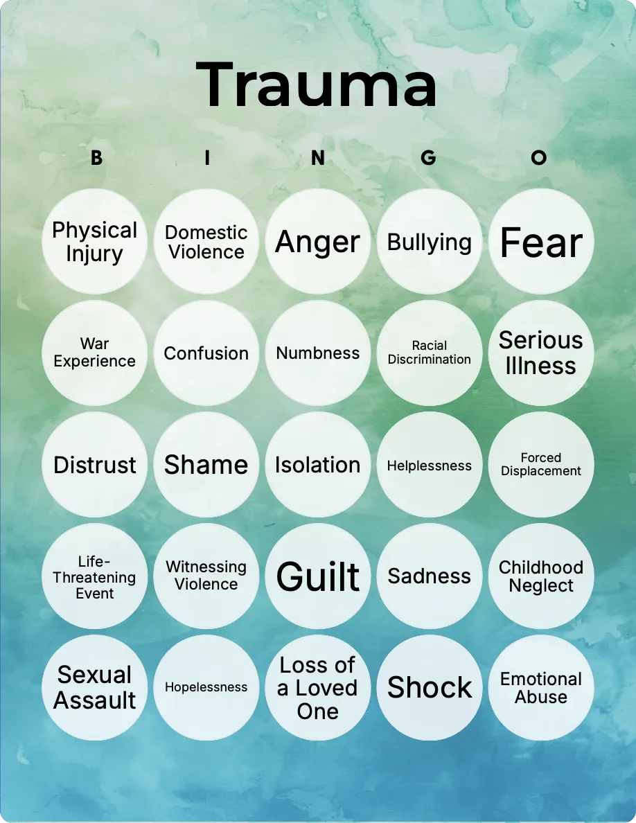 Trauma bingo card template Trauma bingo card template