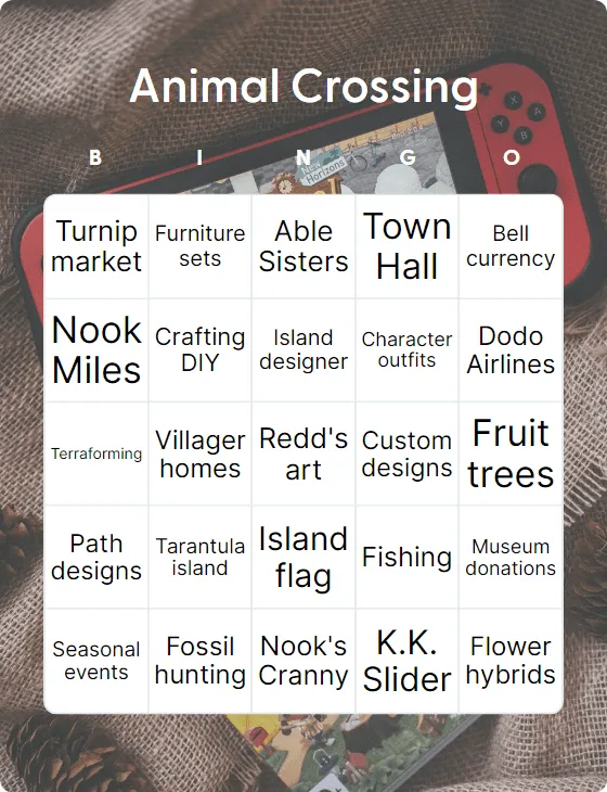 Animal Crossing bingo card template Animal Crossing bingo card template