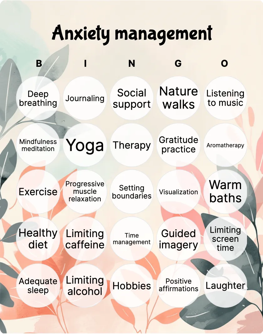 Anxiety management bingo card template