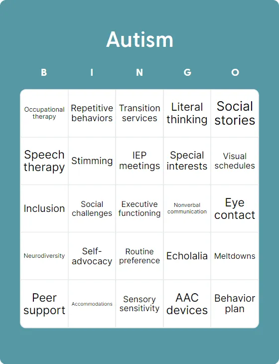 Autism bingo card template