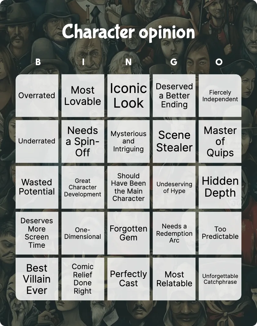 Character opinion bingo card template