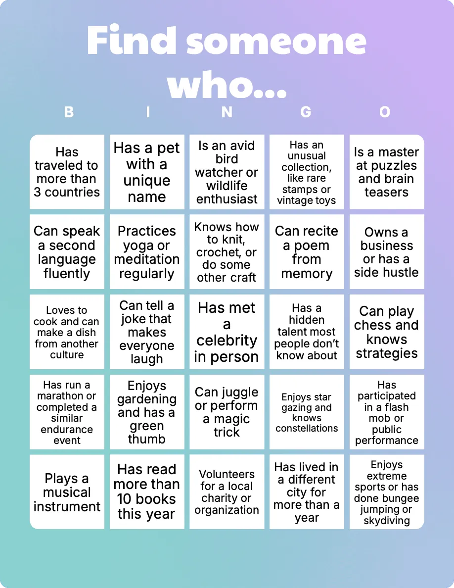 Find someone who… bingo card template