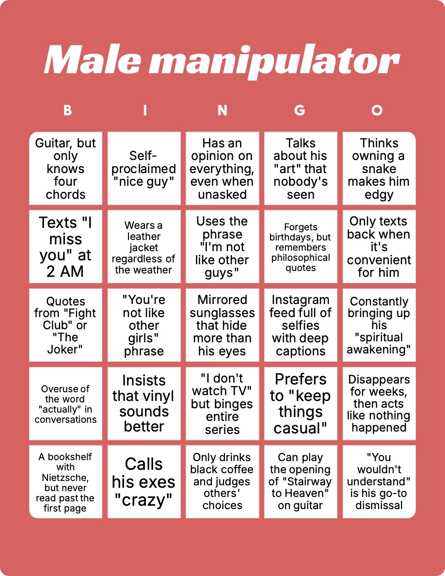 Male manipulator bingo card template Male manipulator bingo card template