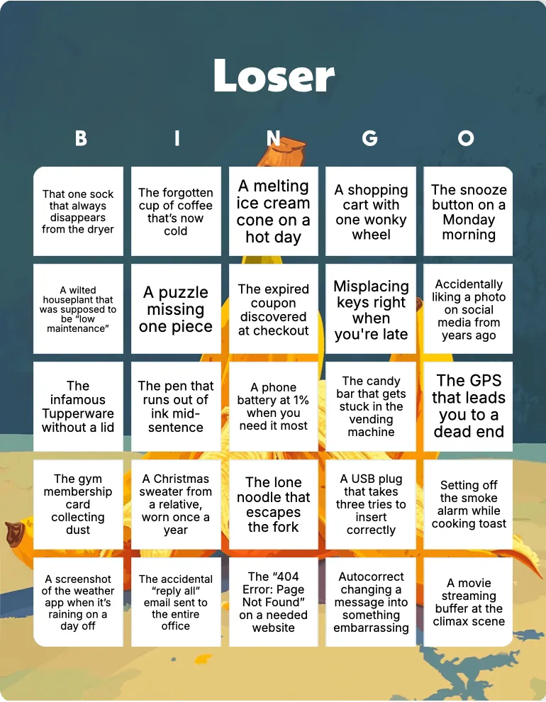 Loser bingo card template Loser bingo card template