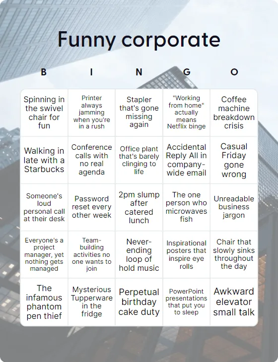 Funny corporate bingo card template