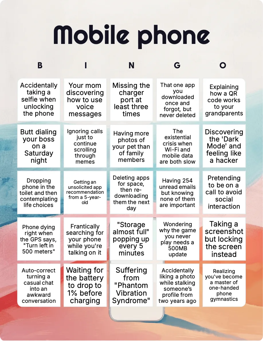 Mobile phone bingo card template