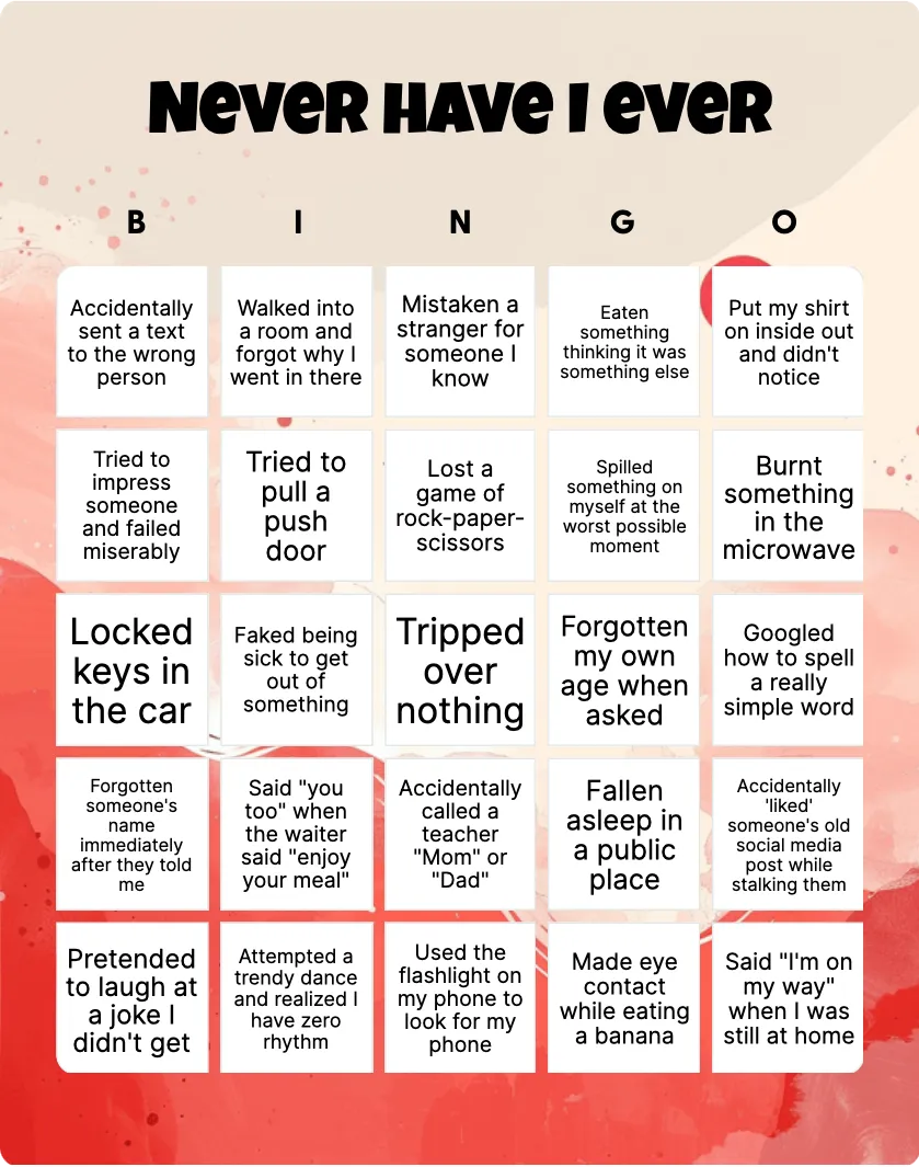 Never have I ever bingo card template