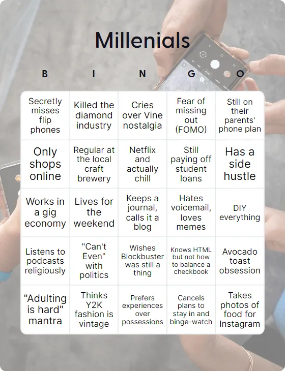 Millenials bingo card template Millenials bingo card template