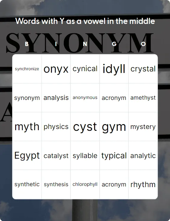 Words with Y as a vowel in the middle