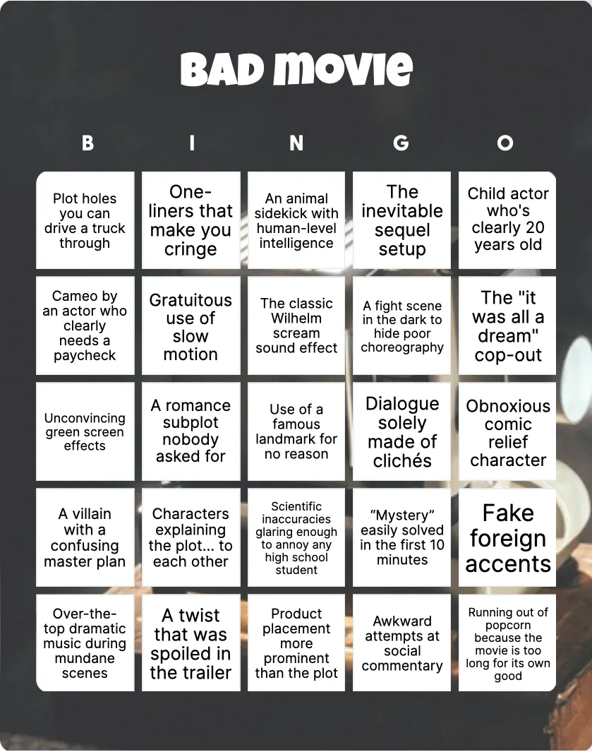 Bad movie bingo card template