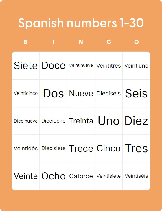 Spanish numbers 1-30 bingo