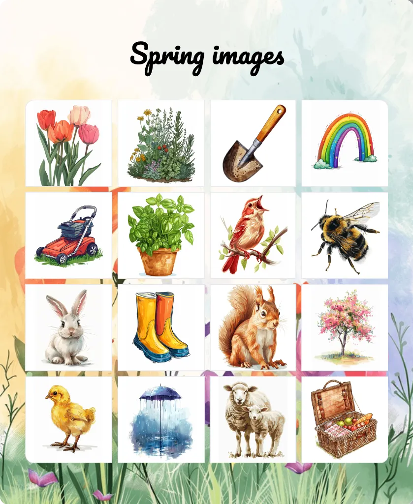 Spring images bingo card template