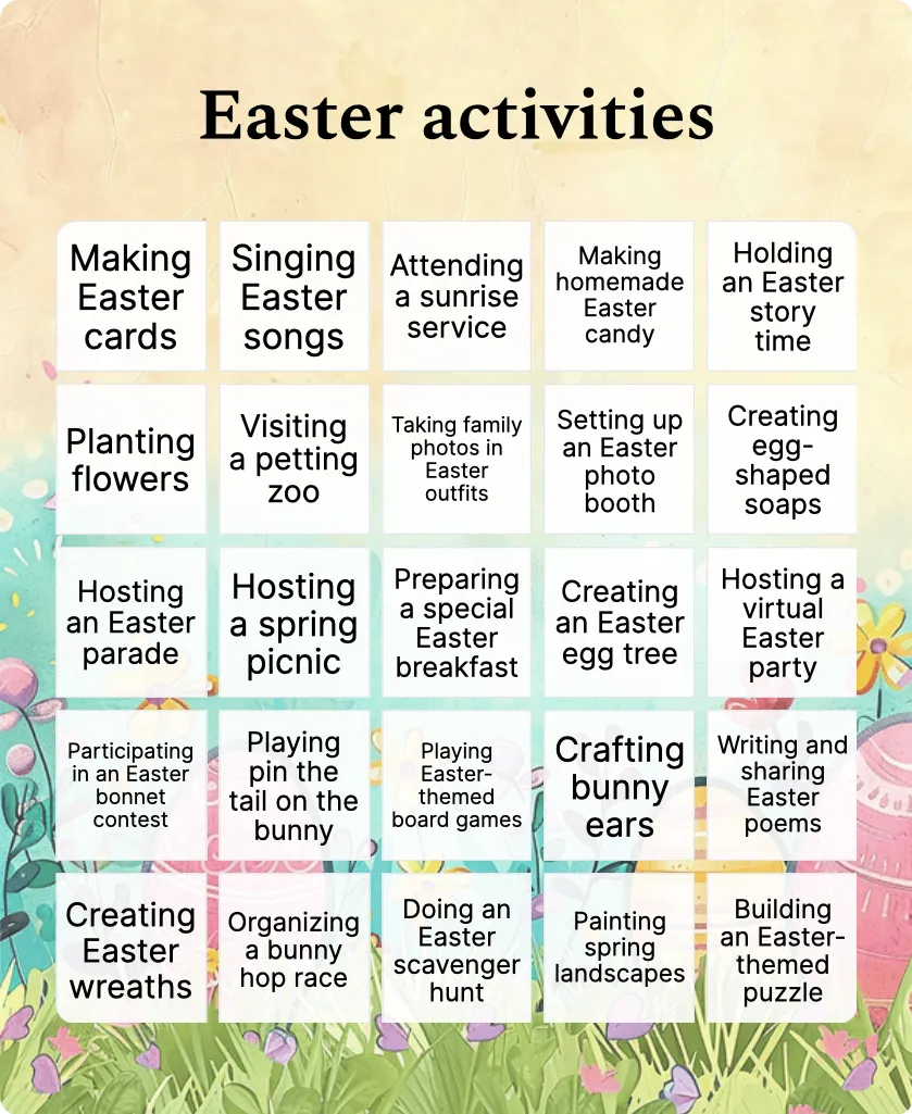Easter activities bingo card template