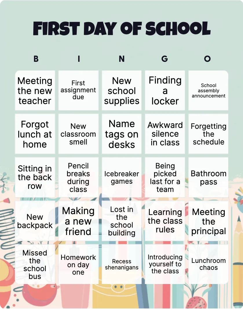 First day of school bingo card template