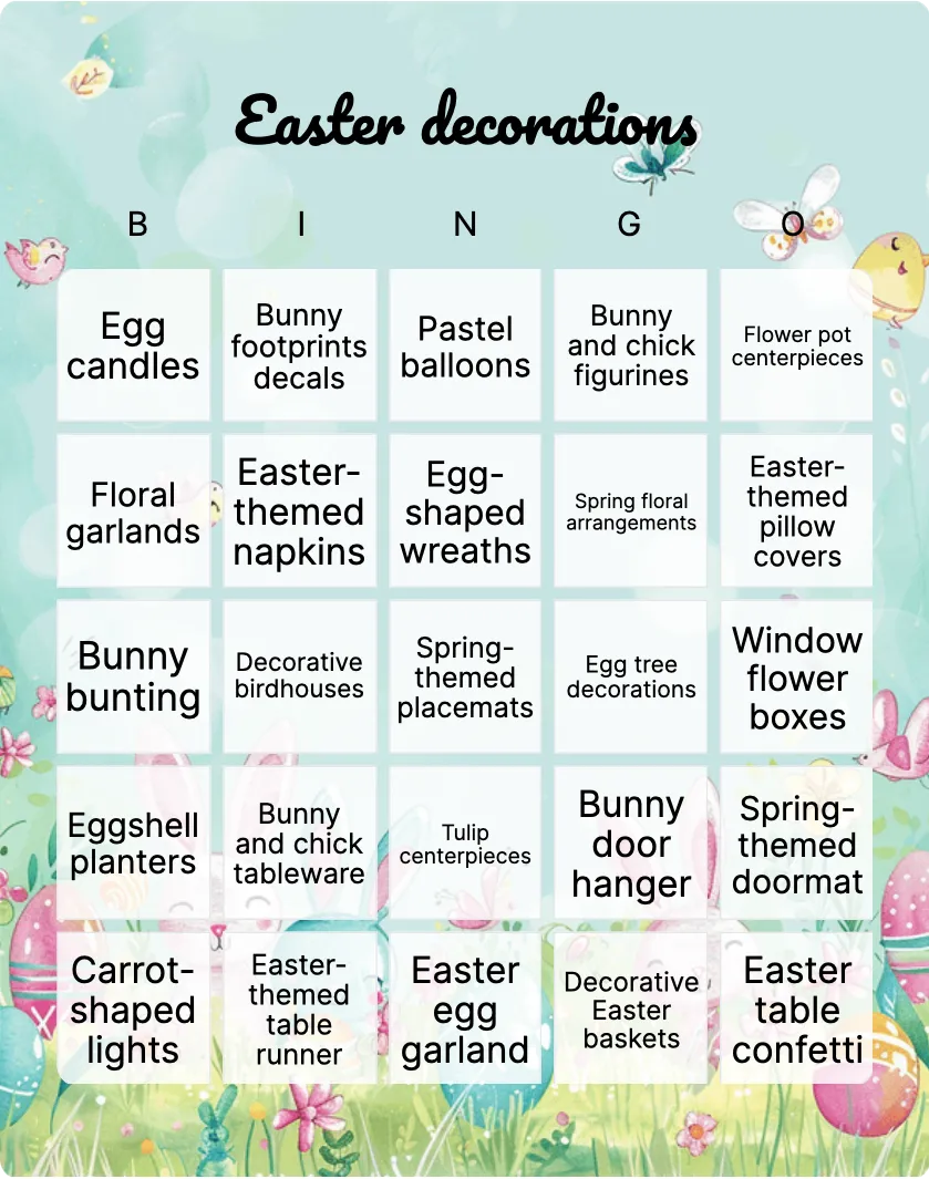 Easter decorations bingo card template