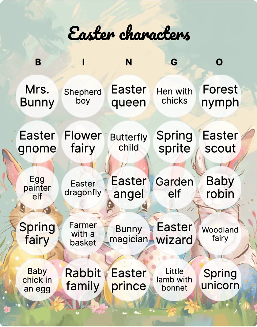 Easter characters bingo card template