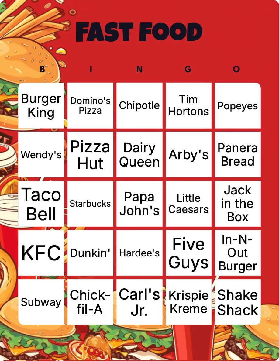 Fast food bingo card template