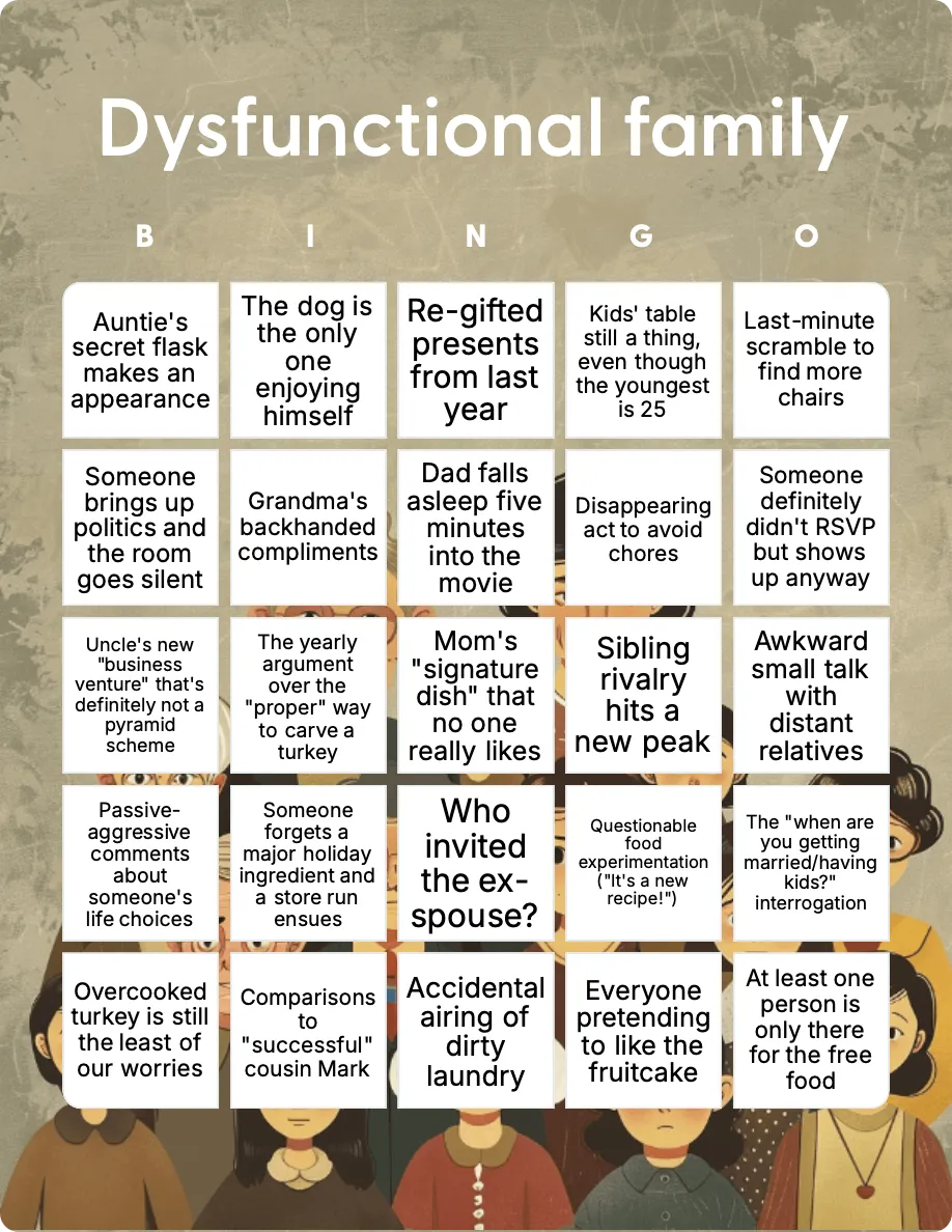 Dysfunctional family bingo card template