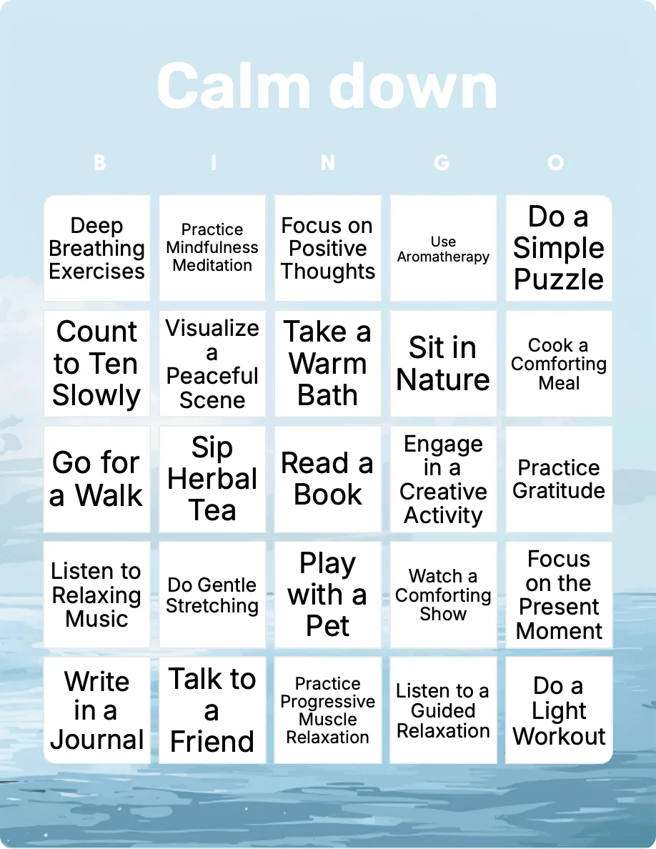 Calm down bingo card template