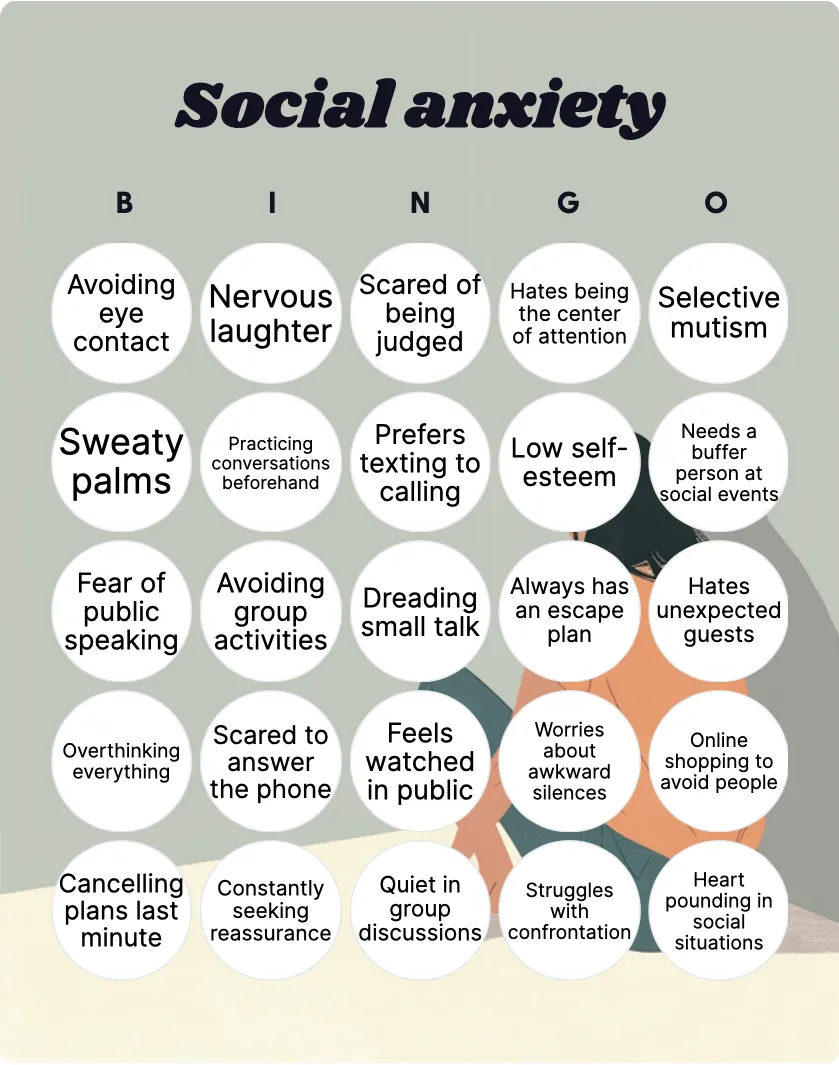 Social anxiety bingo card template