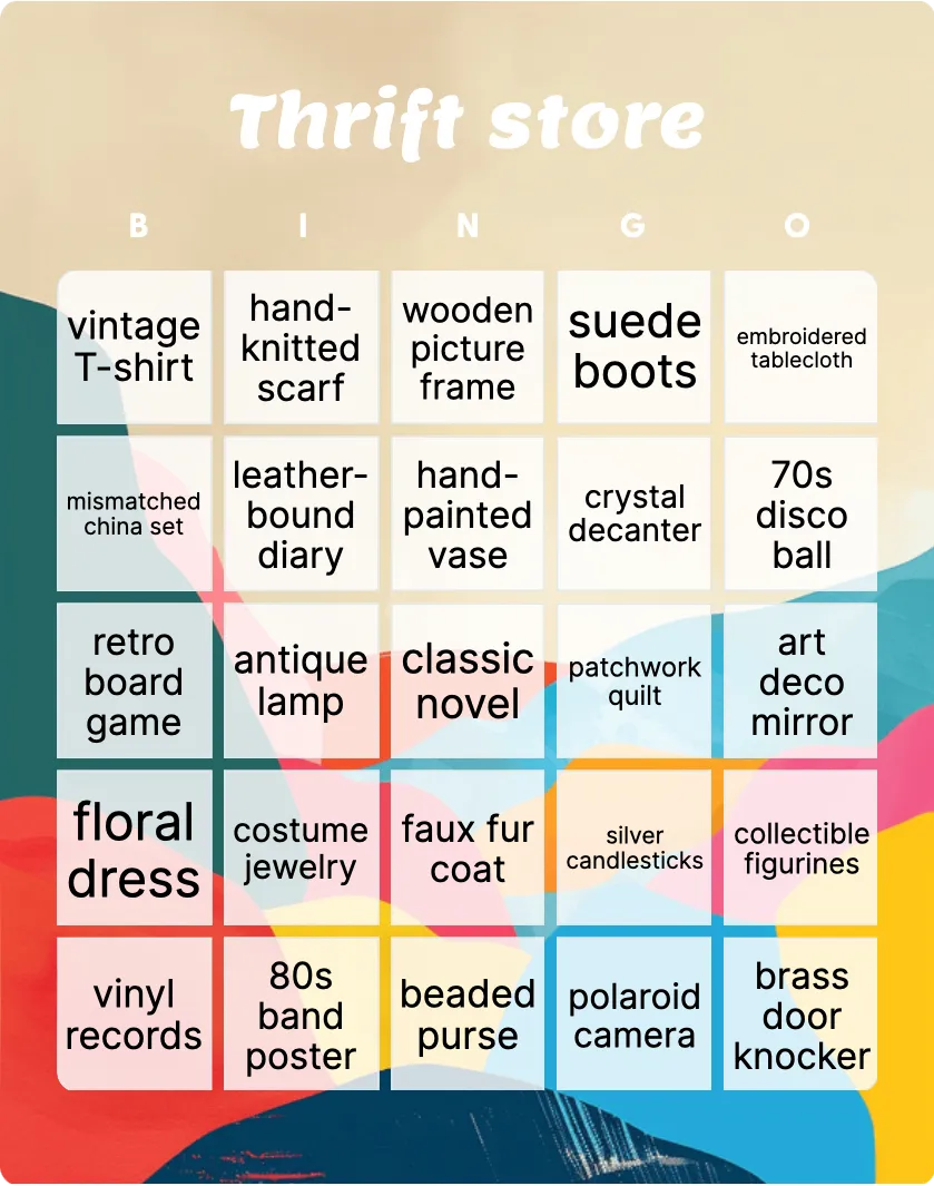 Thrift store bingo card template