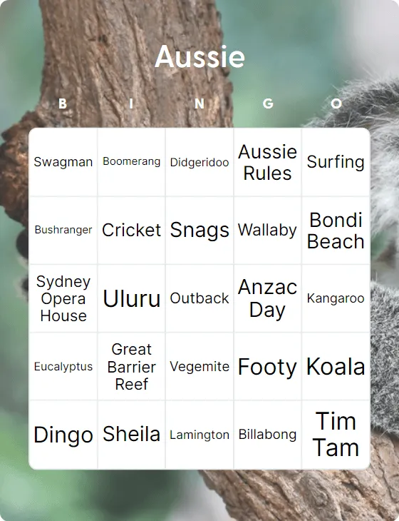 Aussie bingo card template