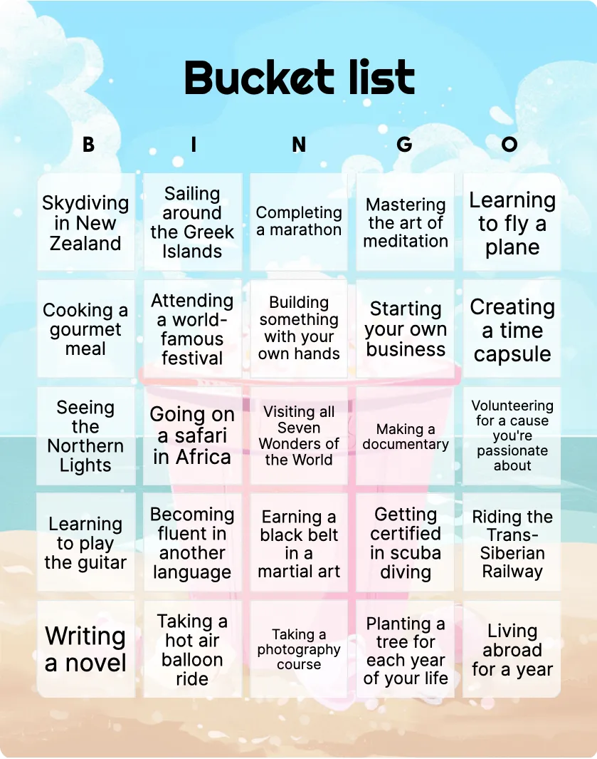 Bucket list bingo card template