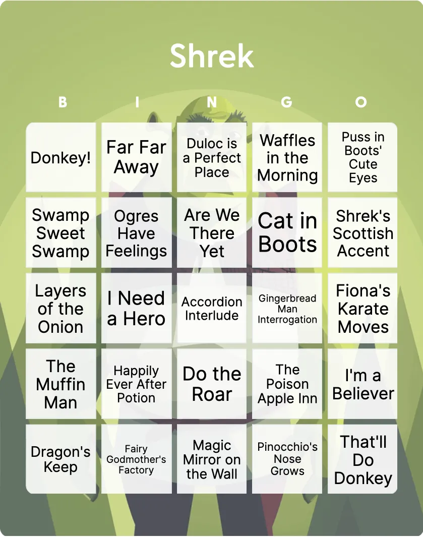 Shrek bingo card template