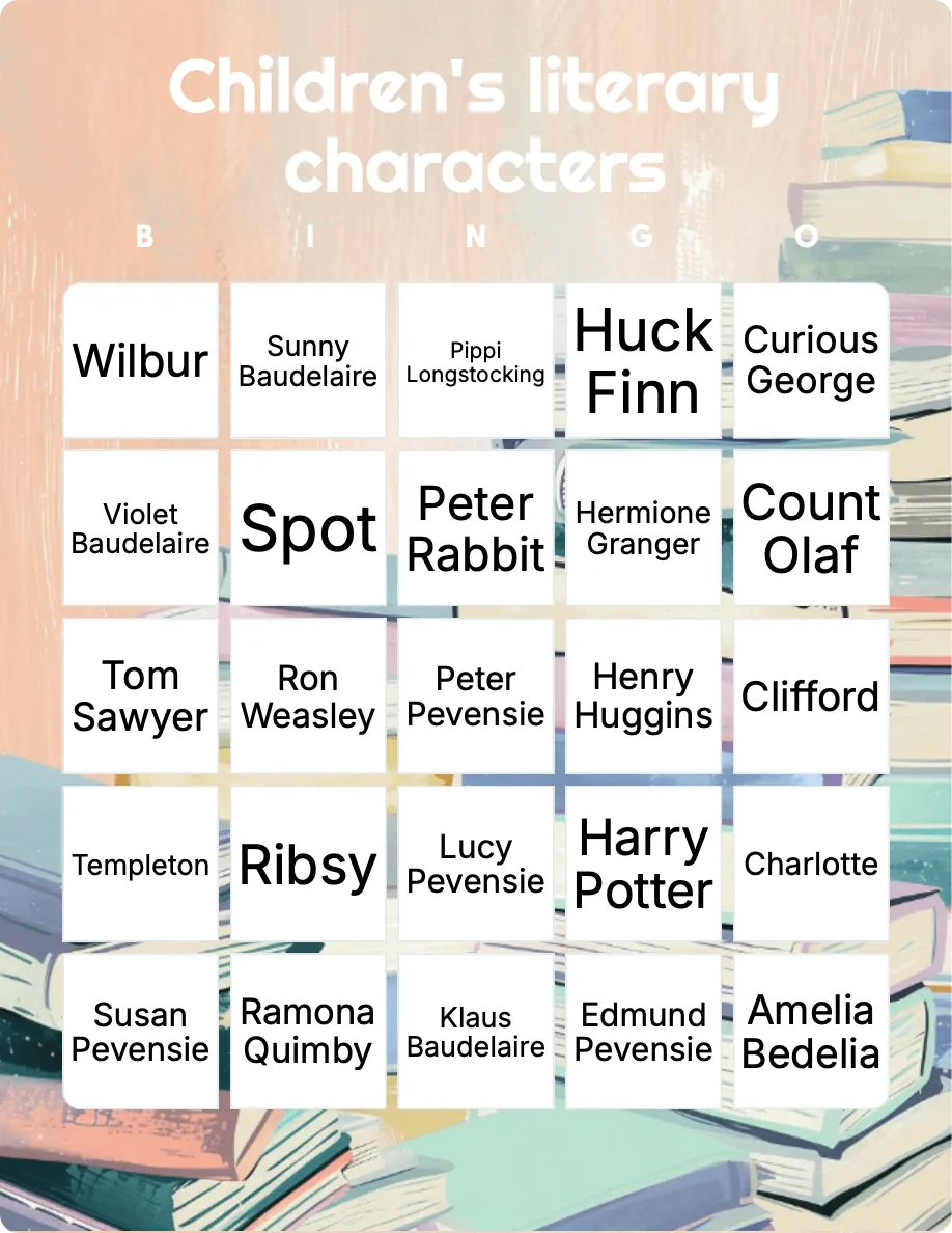 Children’s literary characters bingo card template