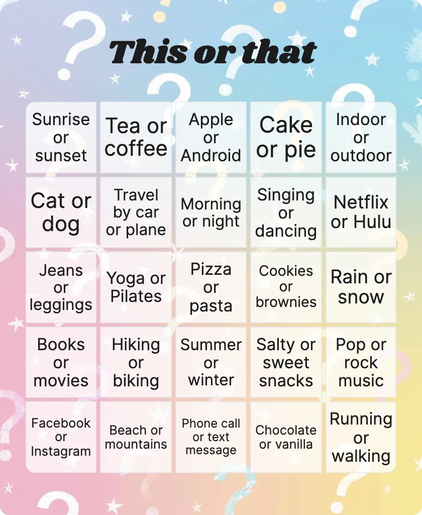 This or that bingo card template