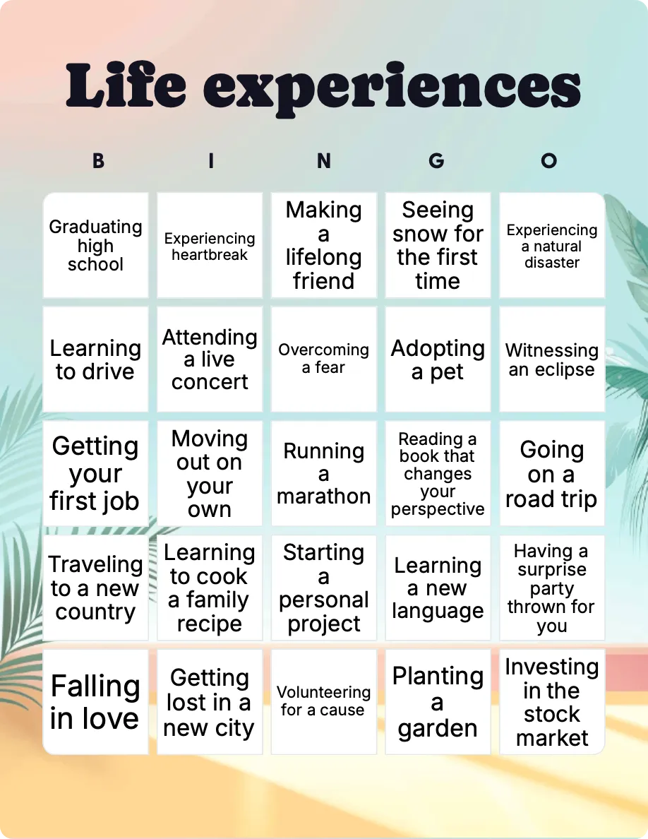 Life experiences bingo card template