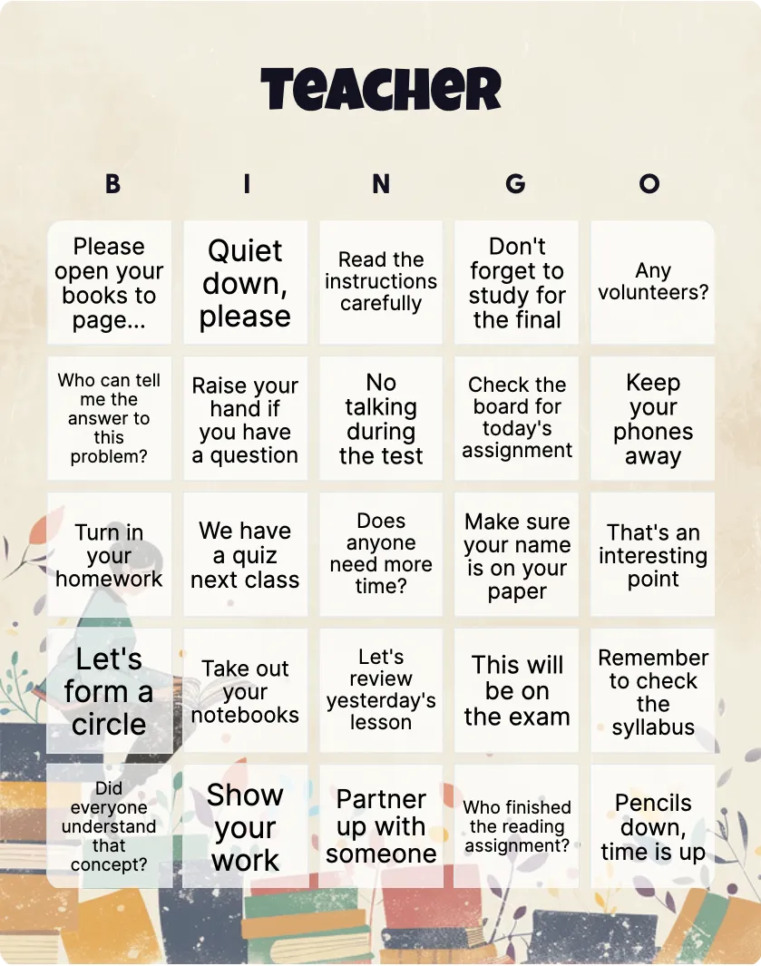 Teacher bingo card template